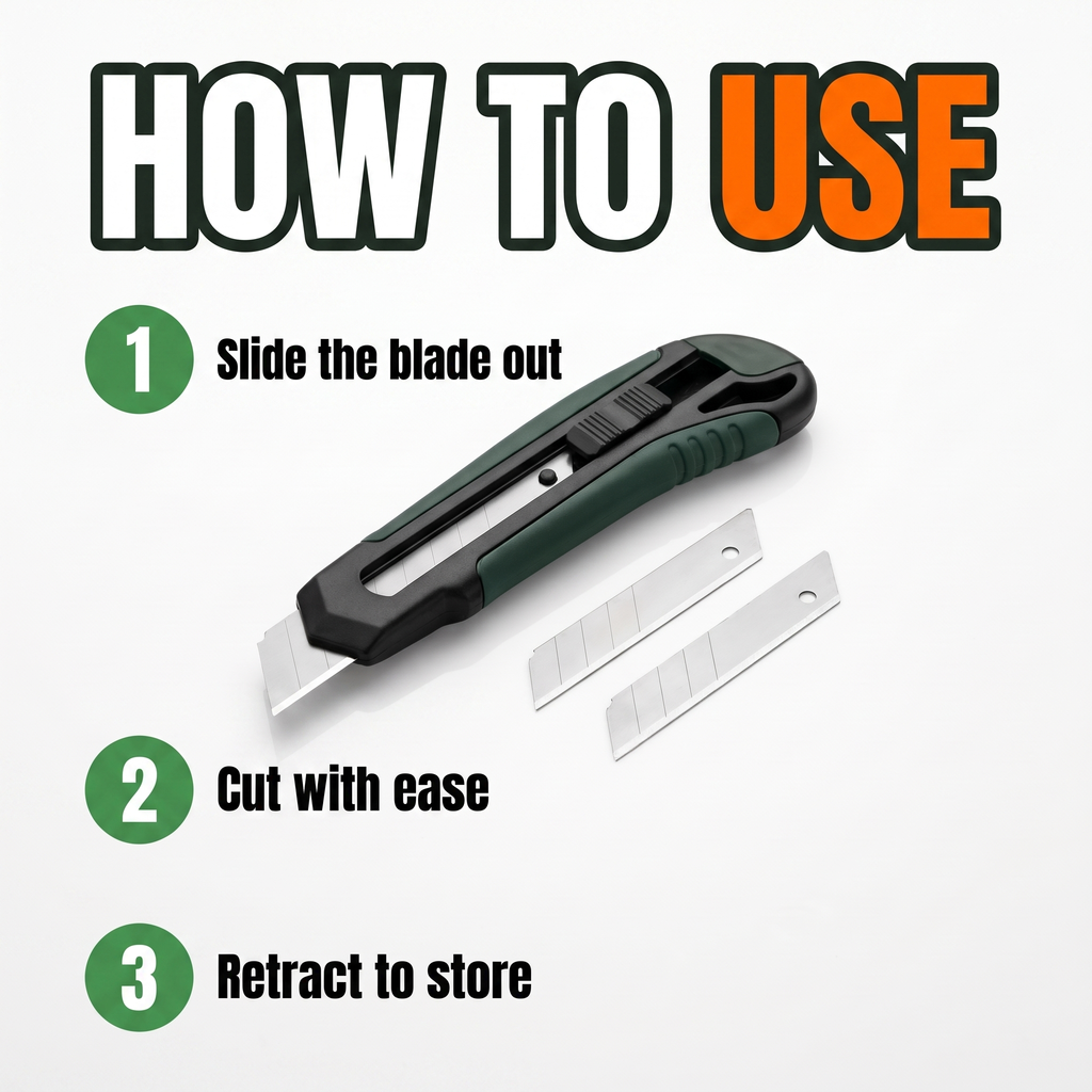 How to use: slide the blade out, cut with ease, retract to store