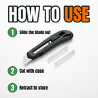How to use: slide the blade out, cut with ease, retract to store