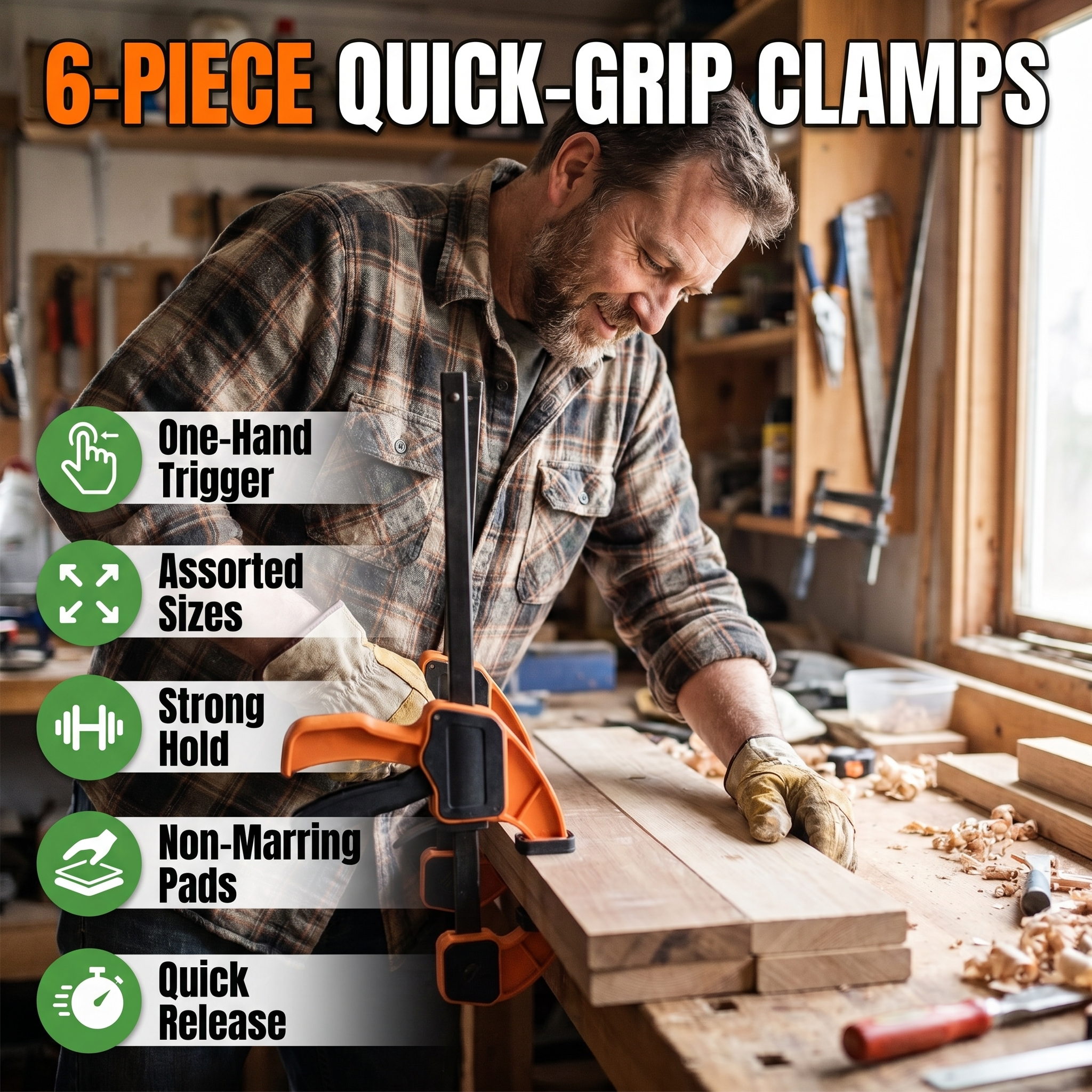 6-piece quick-grip clamp set: one-hand trigger, assorted sizes, strong hold, non-marring pads