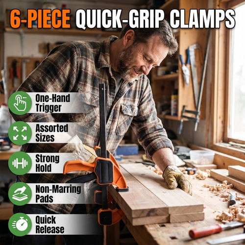 6-piece quick-grip clamp set: one-hand trigger, assorted sizes, strong hold, non-marring pads