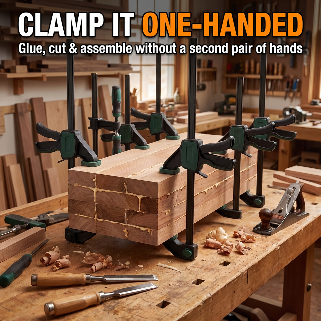 Clamp it one-handed - glue, cut and assemble without a second pair of hands