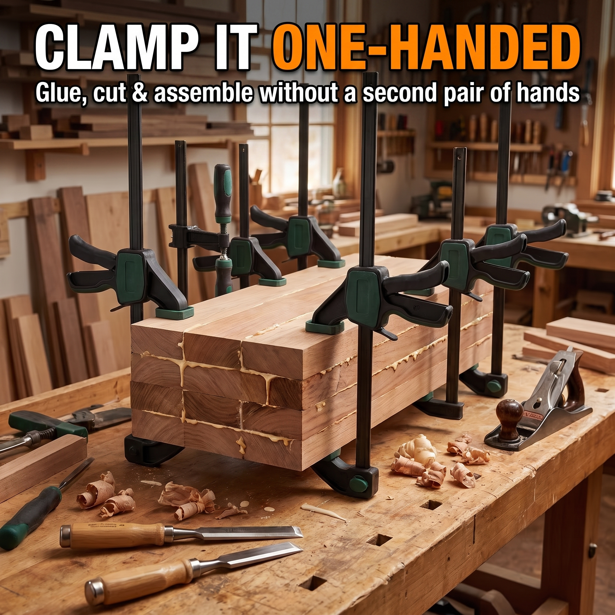 Clamp it one-handed - glue, cut and assemble without a second pair of hands