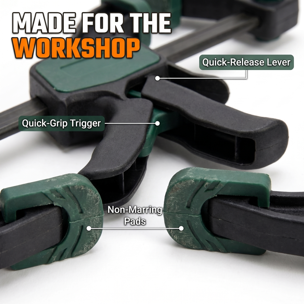 Made for the workshop: quick-grip trigger, non-marring pads, quick-release lever