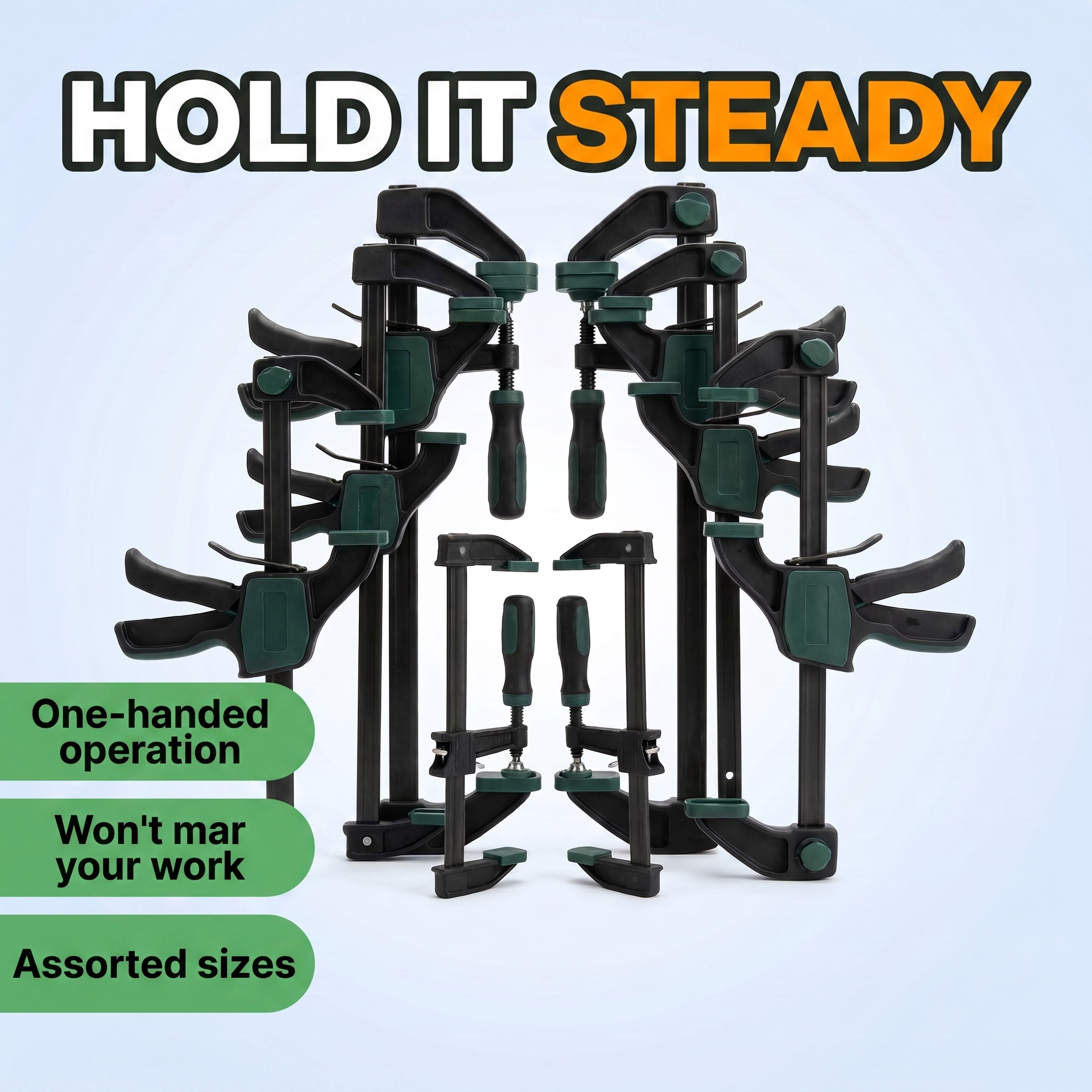 Hold it steady: one-handed operation, won't mar your work, assorted sizes