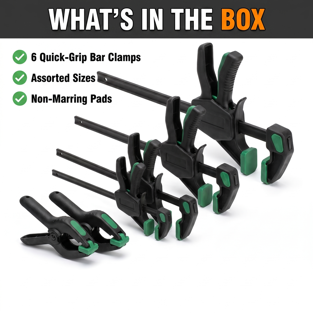 What's in the box: 6 quick-grip bar clamps, assorted sizes, non-marring pads