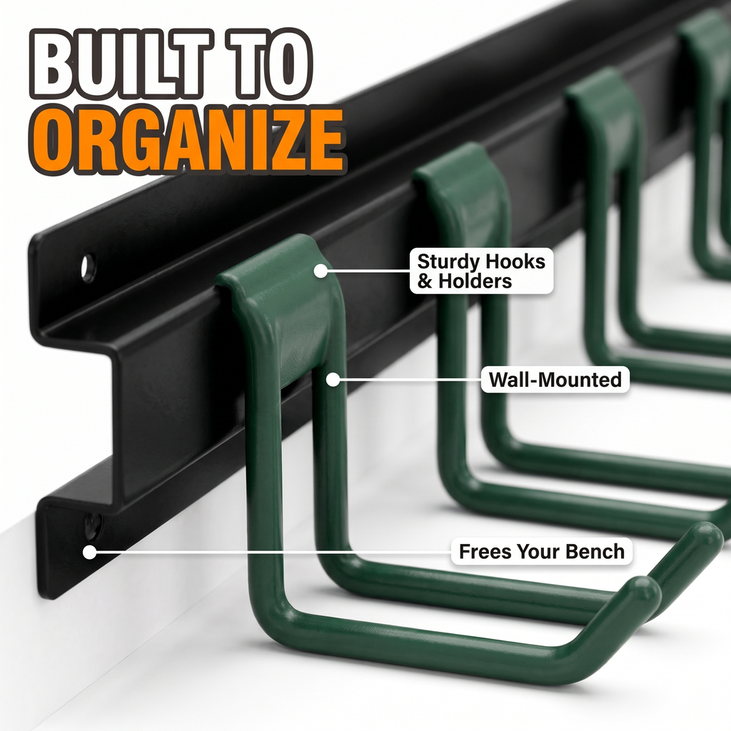 Built to organize: sturdy hooks and holders, wall-mounted, frees your bench