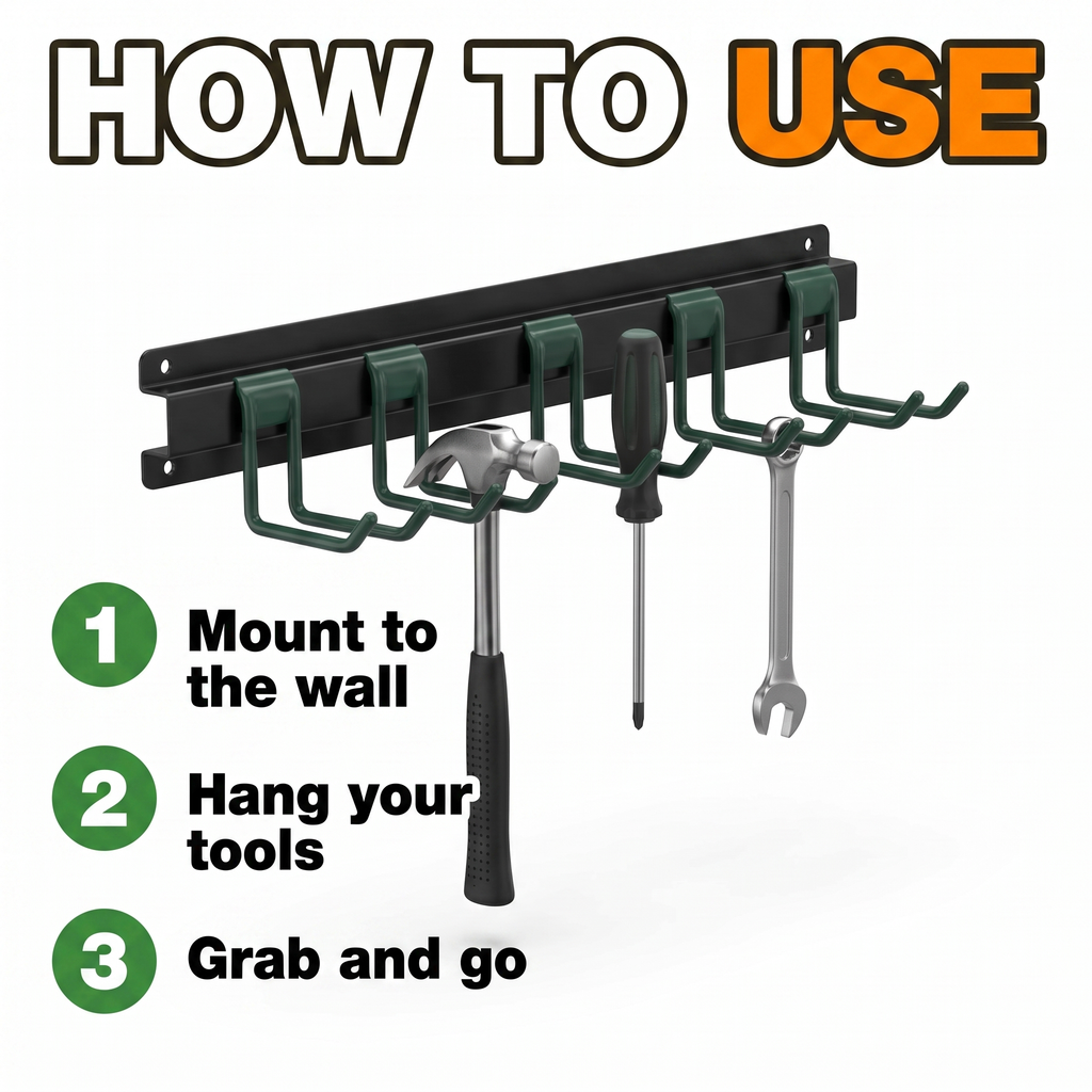 How to use: mount to the wall, hang your tools, grab and go