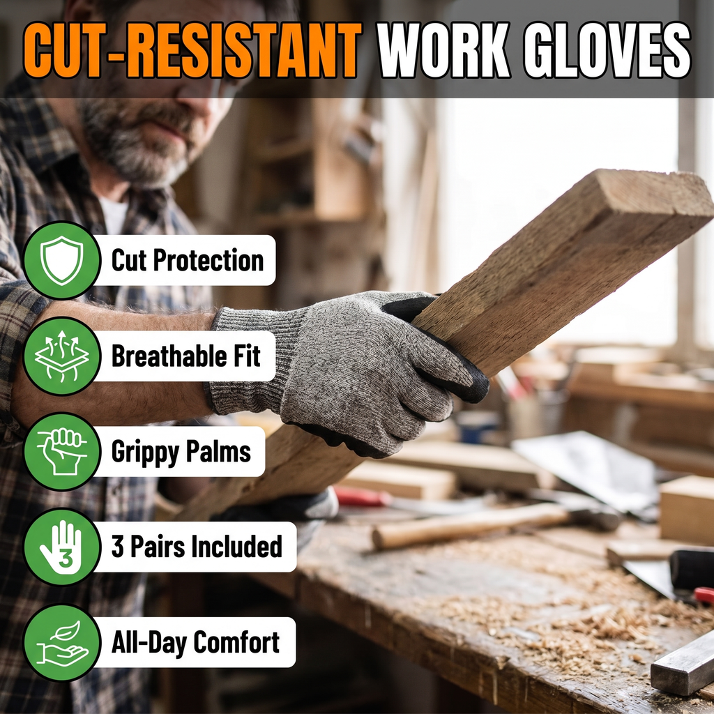 Cut-resistant work gloves: cut protection, breathable fit, grippy palms, 3 pairs included