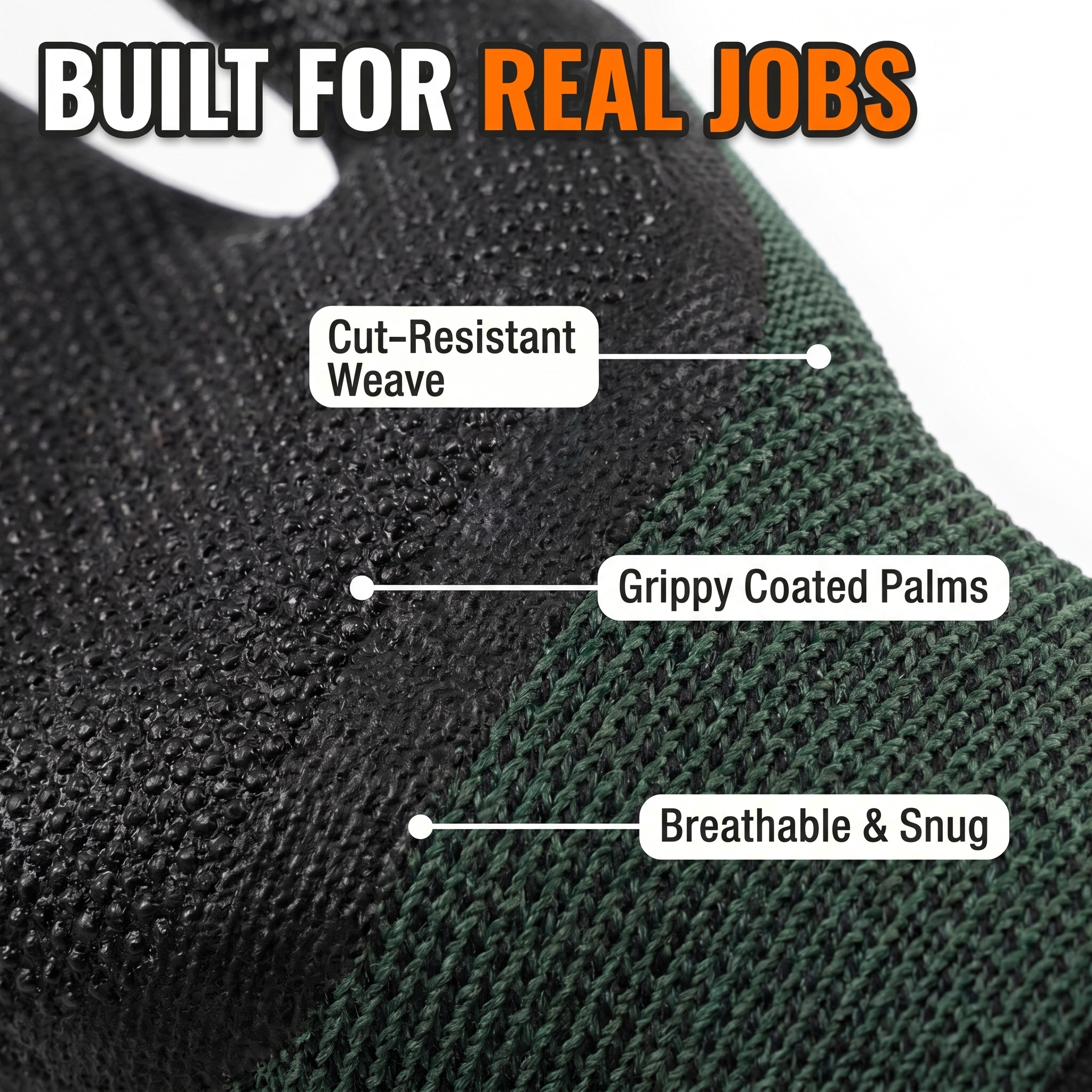 Built for real jobs: cut-resistant weave, grippy coated palms, breathable and snug
