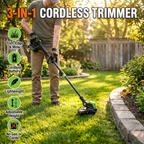 3-in-1 cordless trimmer: trim, edge and mow, cordless battery, lightweight, adjustable height
