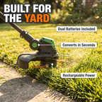 Built for the yard: dual batteries included, converts in seconds, rechargeable power
