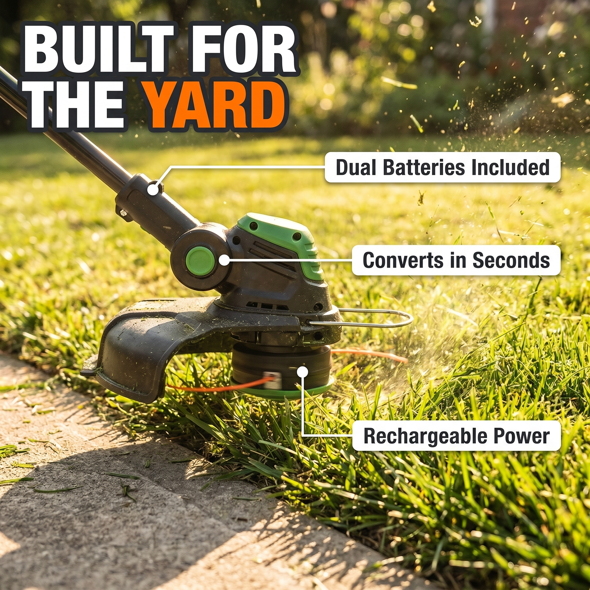 Built for the yard: dual batteries included, converts in seconds, rechargeable power