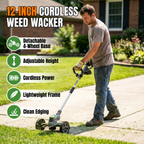 12-inch cordless weed wacker: detachable 4-wheel base, adjustable height, cordless power