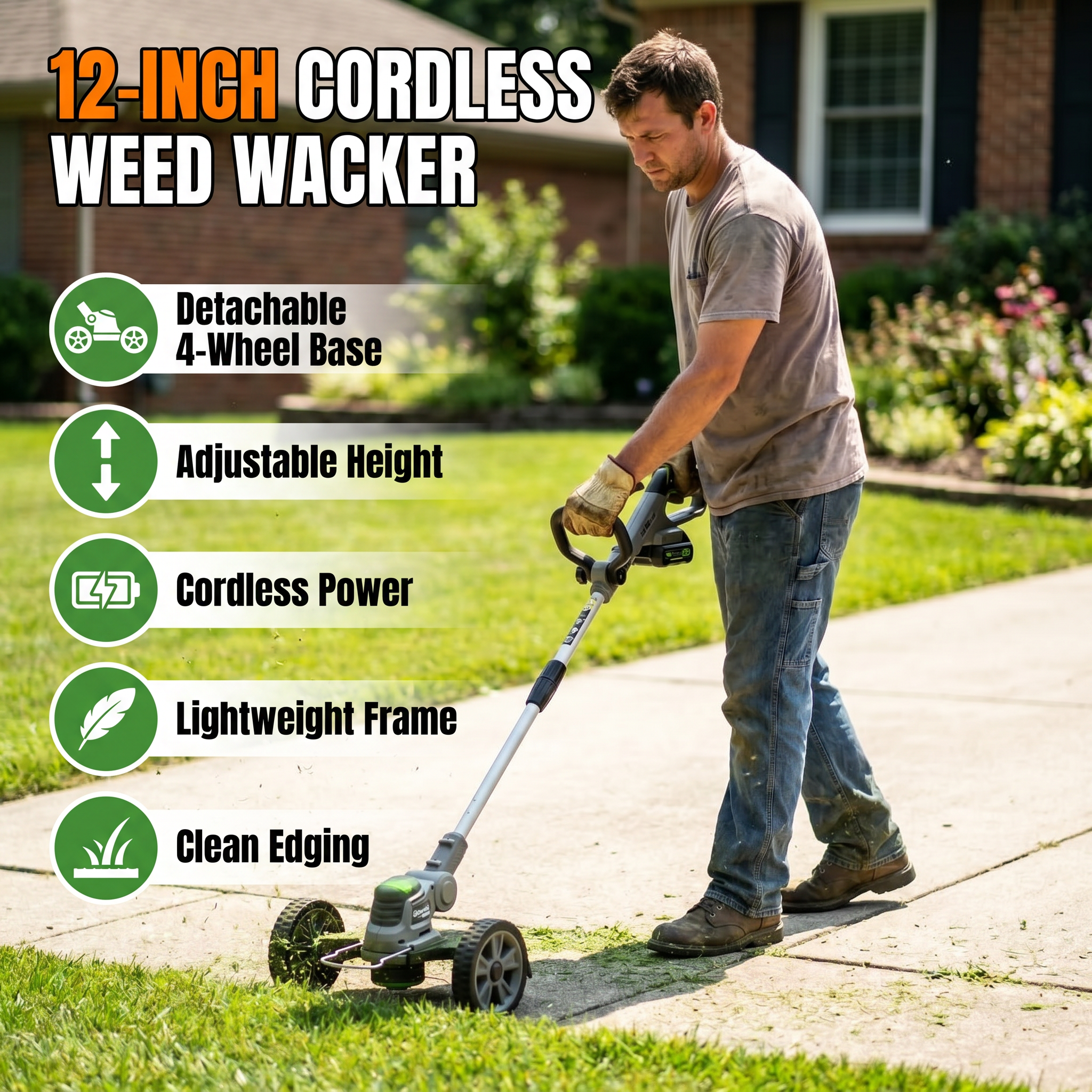 12-inch cordless weed wacker: detachable 4-wheel base, adjustable height, cordless power