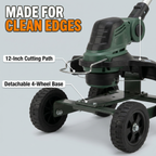 Made for clean edges: 12-inch cutting path, detachable 4-wheel base, adjustable height