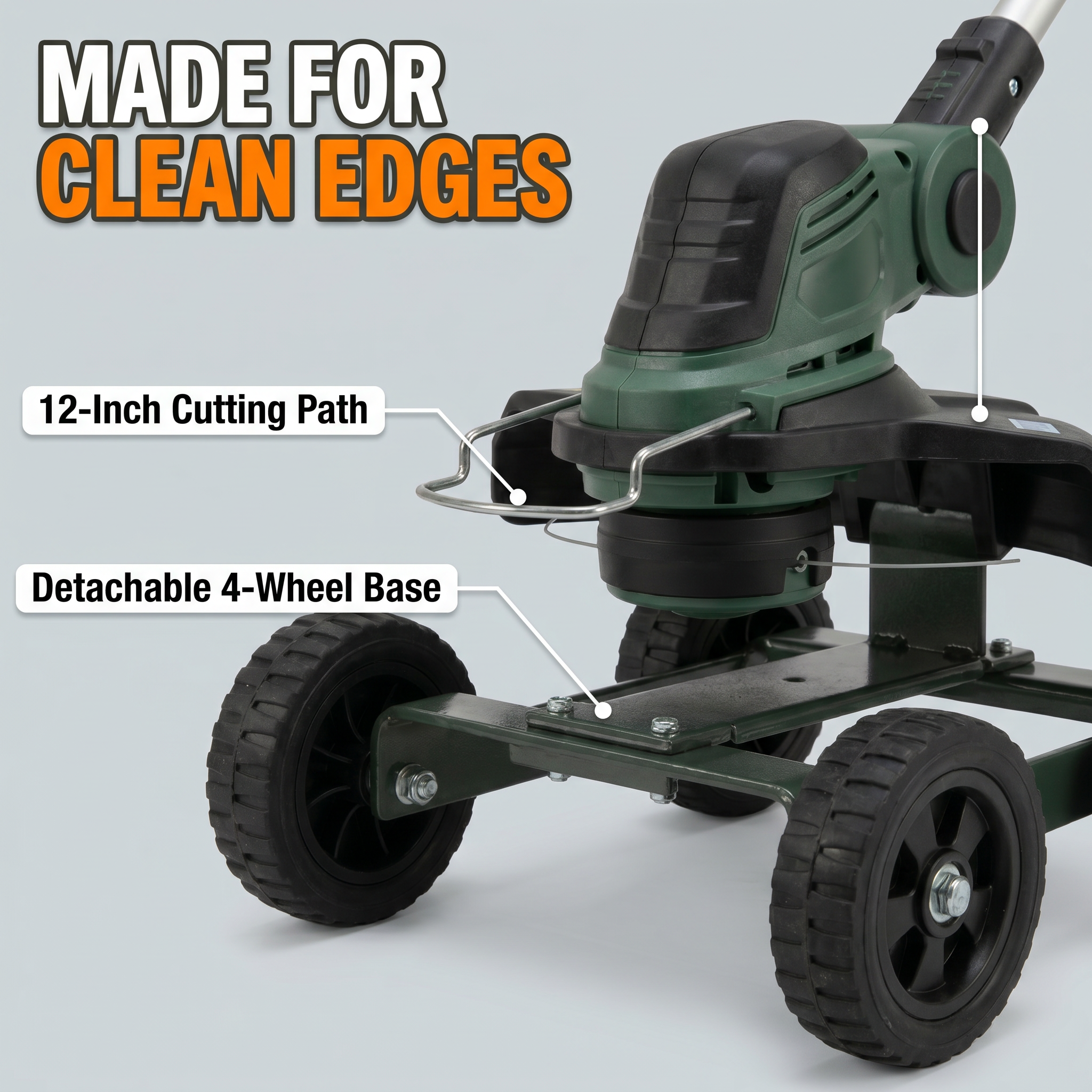 Made for clean edges: 12-inch cutting path, detachable 4-wheel base, adjustable height