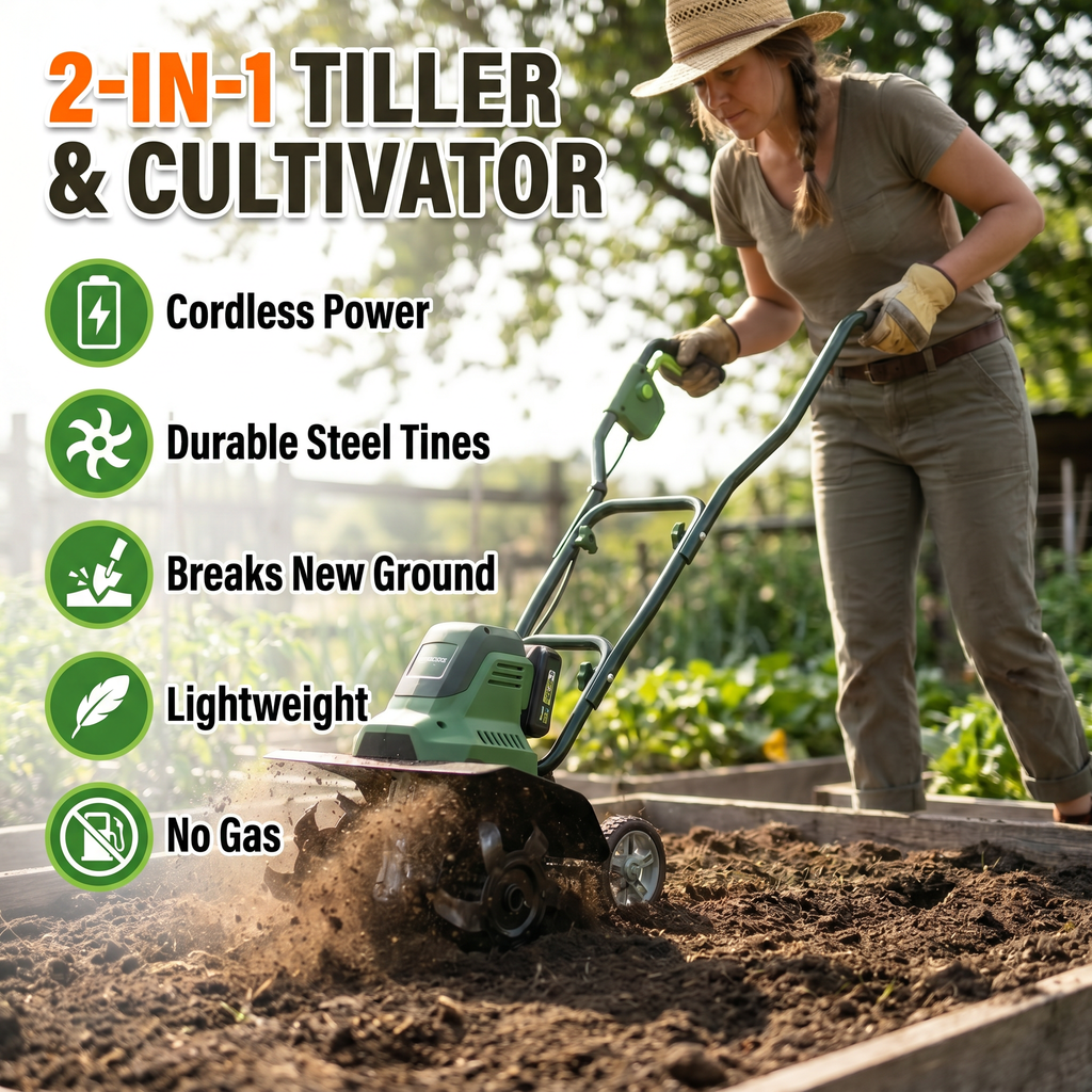 2-in-1 tiller and cultivator: cordless power, durable steel tines, breaks new ground, no gas