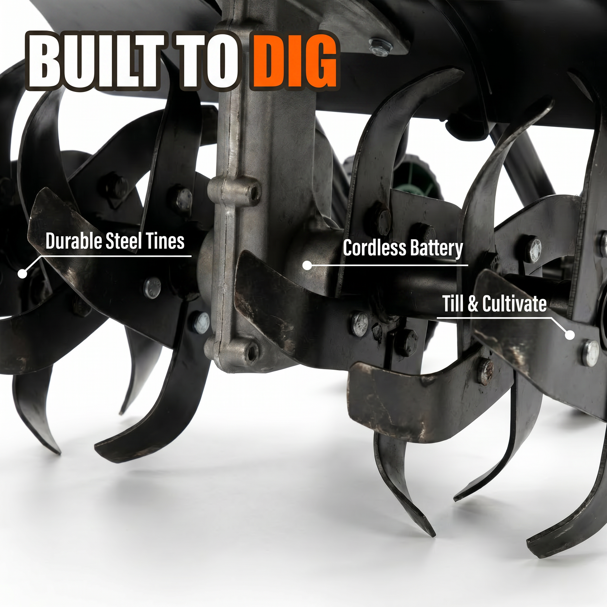 Built to dig: durable steel tines, cordless battery, till and cultivate