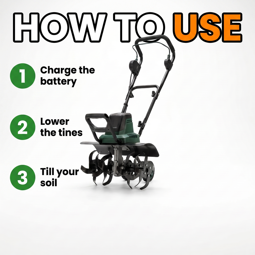 How to use: charge the battery, lower the tines, till your soil