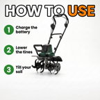 How to use: charge the battery, lower the tines, till your soil