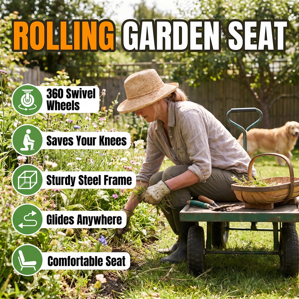 Rolling garden seat: 360 swivel wheels, saves your knees, sturdy steel frame, comfortable seat