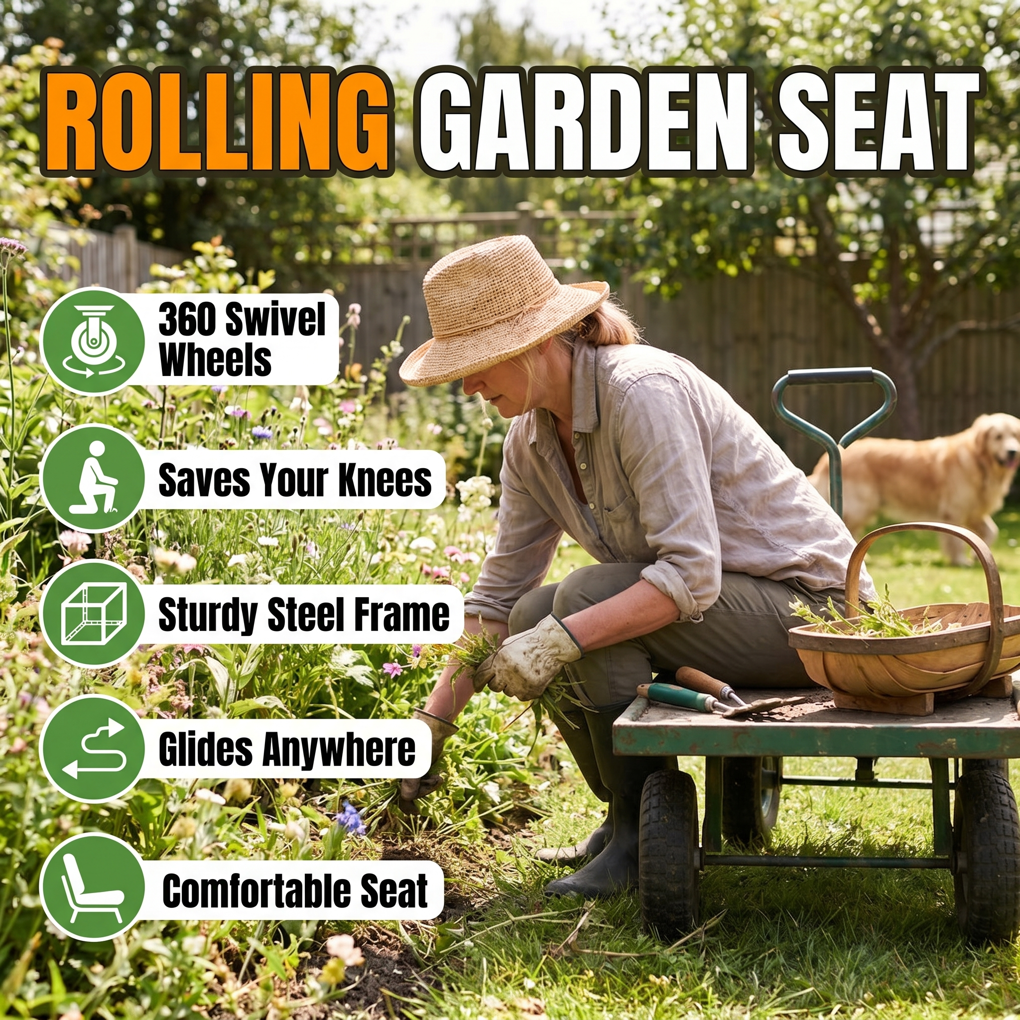 Rolling garden seat: 360 swivel wheels, saves your knees, sturdy steel frame, comfortable seat