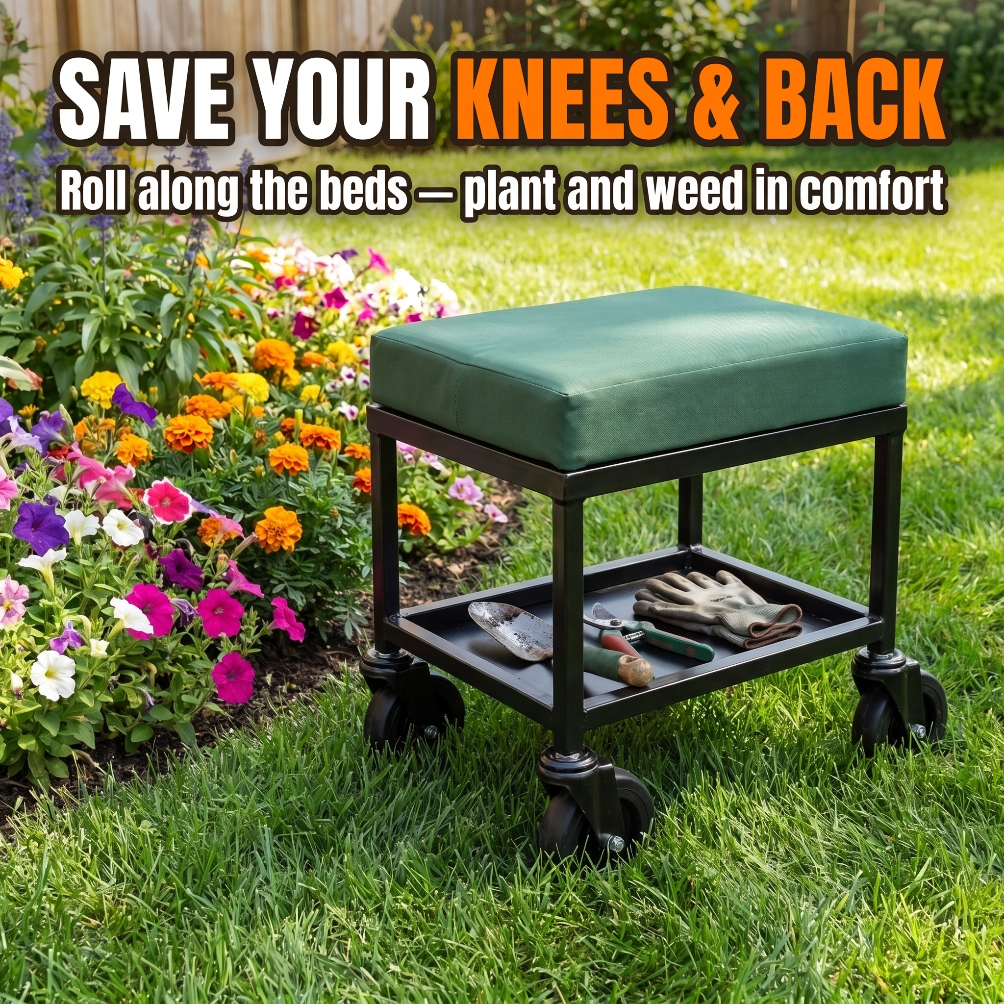 Save your knees and back - roll along the beds, plant and weed in comfort