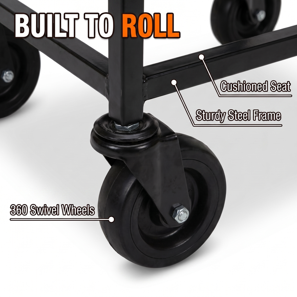 Built to roll: 360 swivel wheels, sturdy steel frame, cushioned seat
