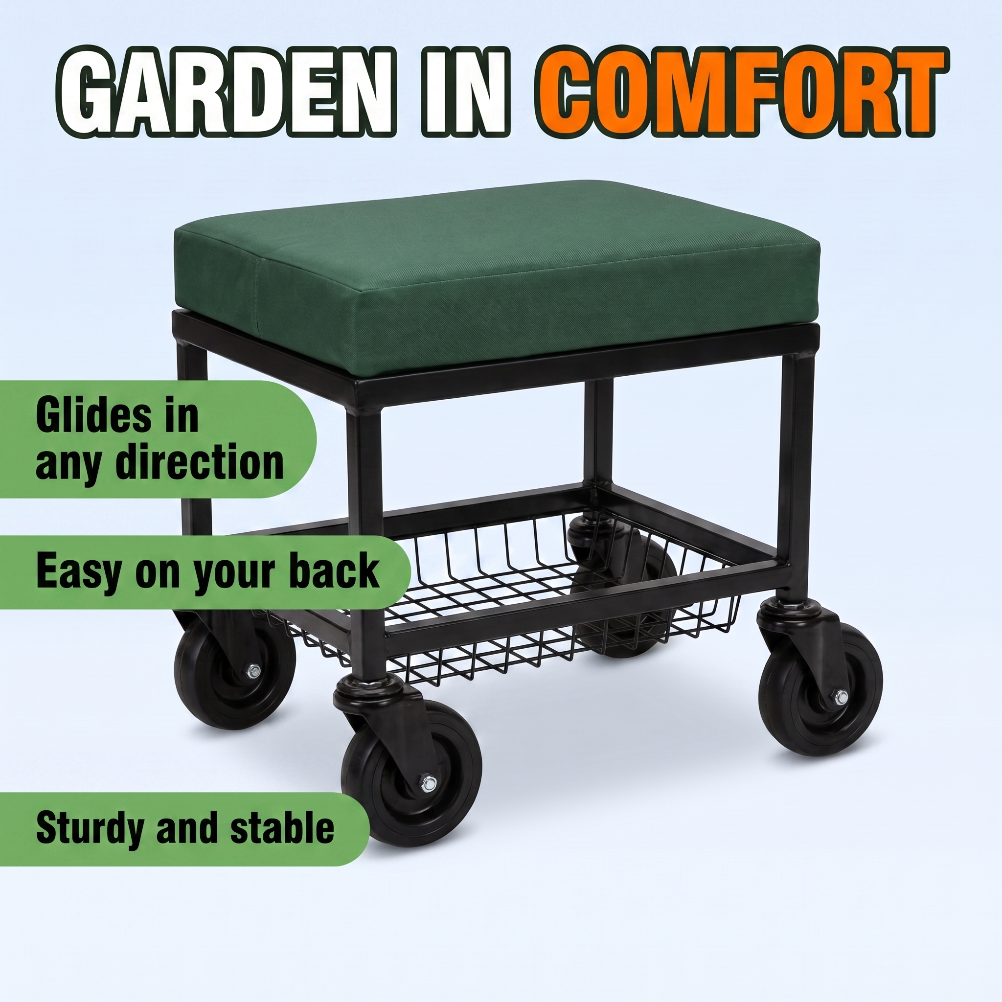Garden in comfort: glides in any direction, easy on your back, sturdy and stable