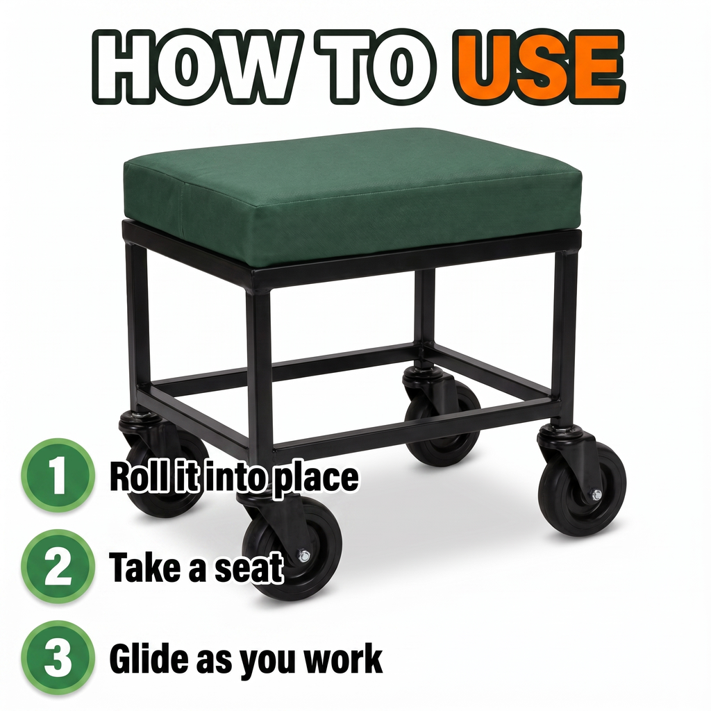 How to use: roll it into place, take a seat, glide as you work