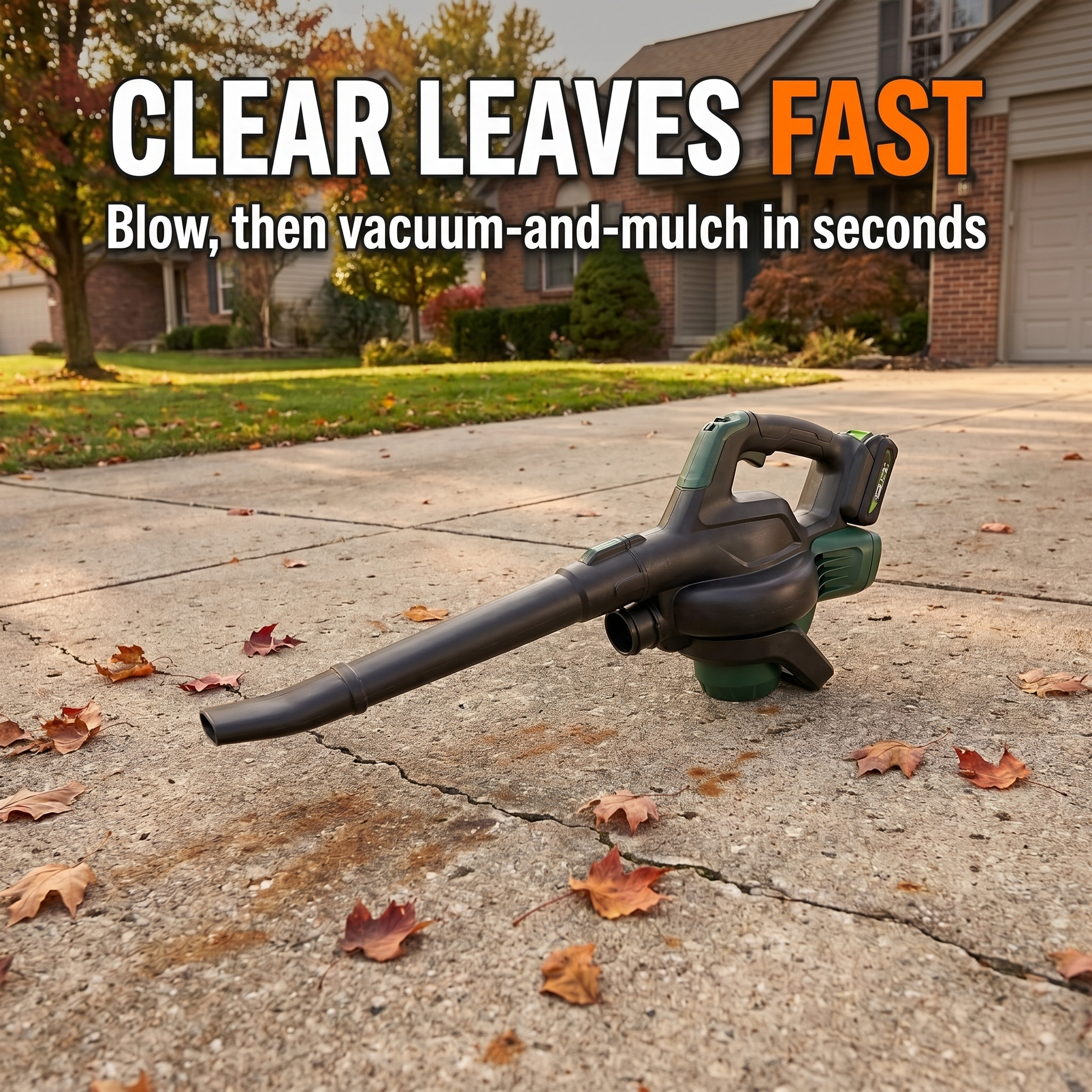 Clear leaves fast - blow, then vacuum and mulch in seconds
