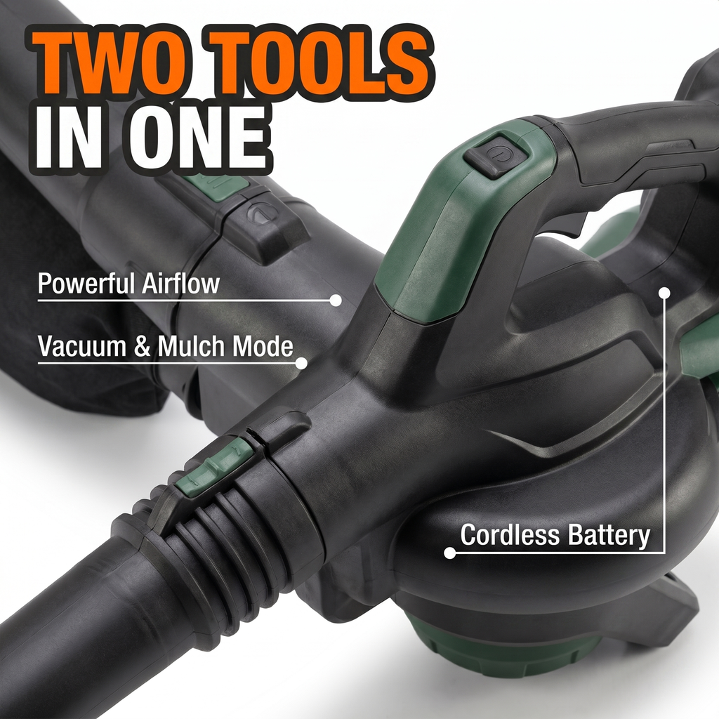 Two tools in one: powerful airflow, vacuum and mulch mode, cordless battery