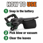 How to use: snap in the battery, pick blow or vacuum, clear the leaves