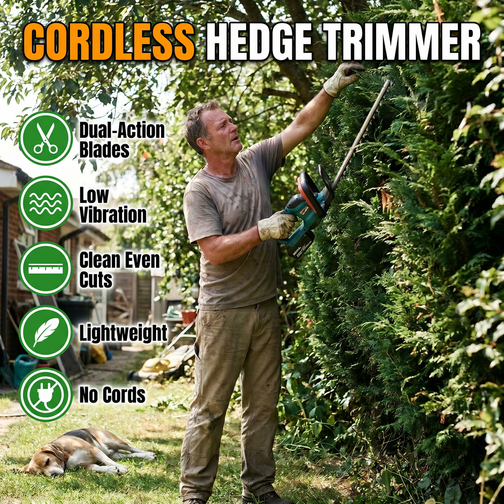 Cordless hedge trimmer: dual-action blades, low vibration, clean even cuts, no cords