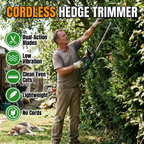 Cordless hedge trimmer: dual-action blades, low vibration, clean even cuts, no cords