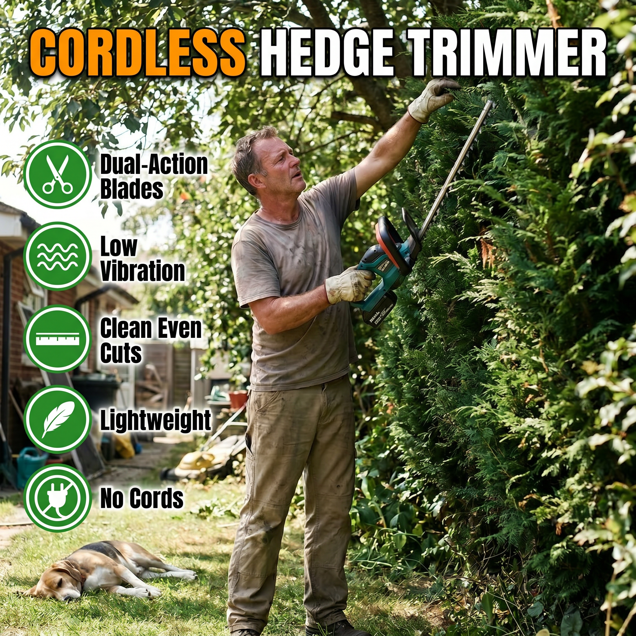 Cordless hedge trimmer: dual-action blades, low vibration, clean even cuts, no cords