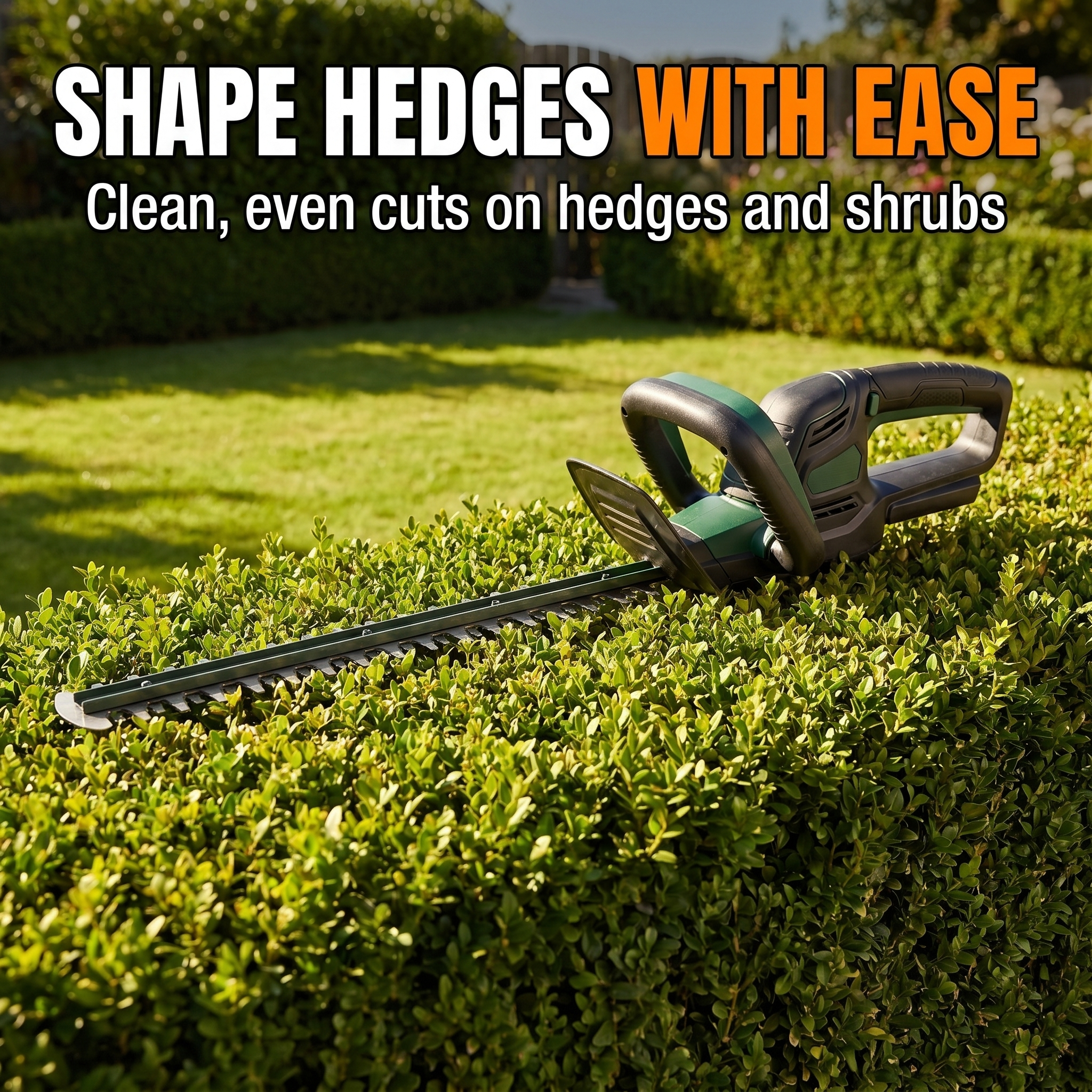 Shape hedges with ease - clean, even cuts on hedges and shrubs