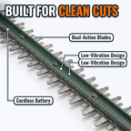 Built for clean cuts: dual-action blades, low-vibration design, cordless battery