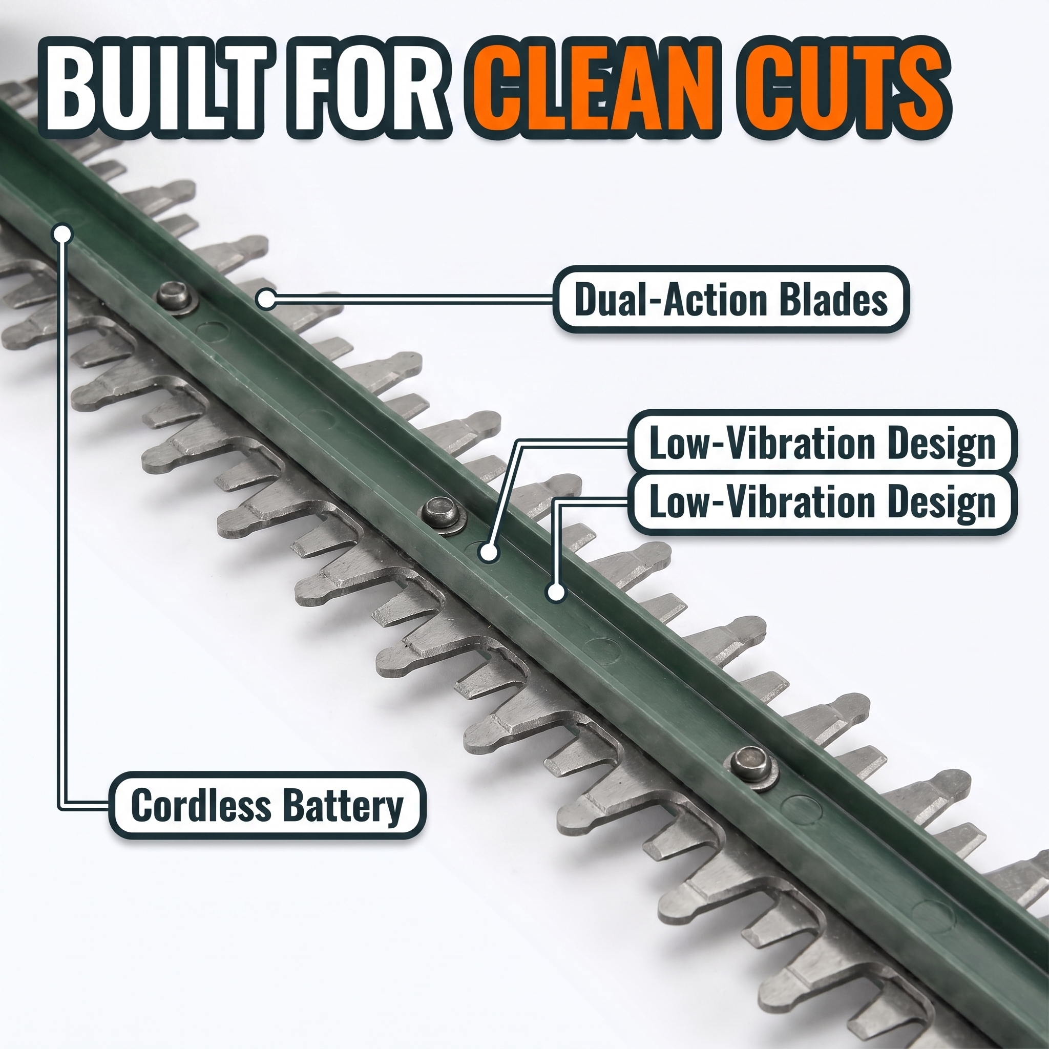 Built for clean cuts: dual-action blades, low-vibration design, cordless battery