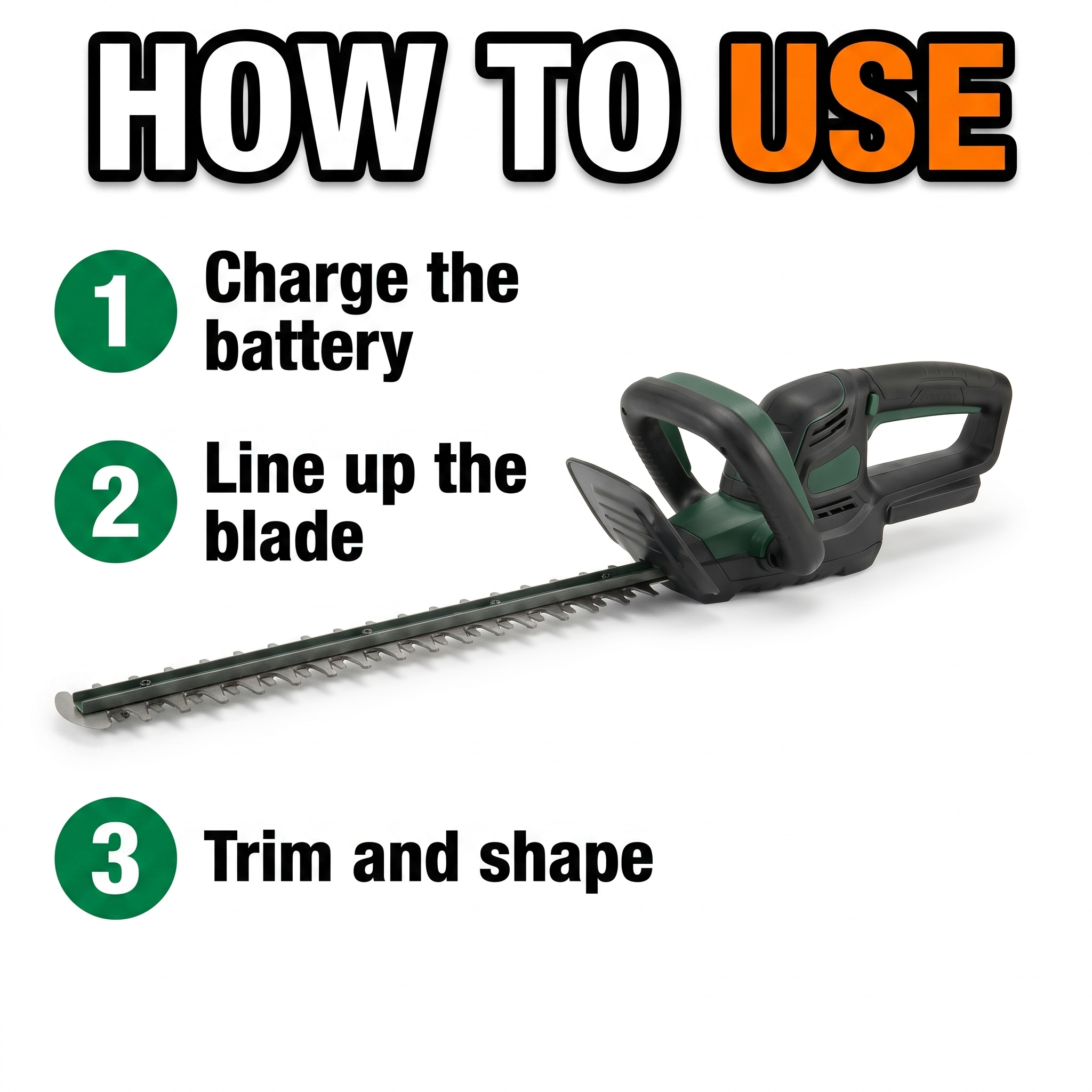How to use: charge the battery, line up the blade, trim and shape