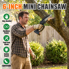 6-inch mini chainsaw: one-handed, cordless power, tool-free chain, safety guard, lightweight