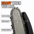 Ready when you are: tool-free chain, safety guard, cordless battery