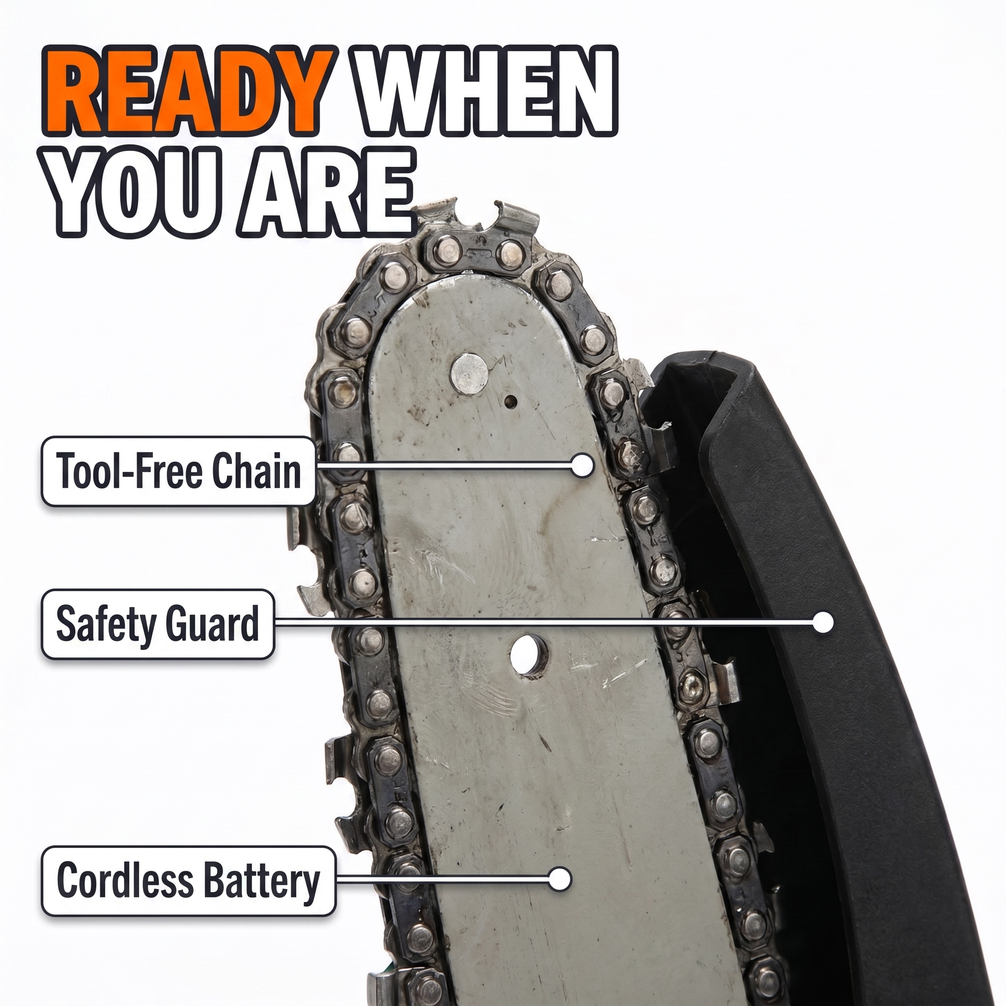 Ready when you are: tool-free chain, safety guard, cordless battery