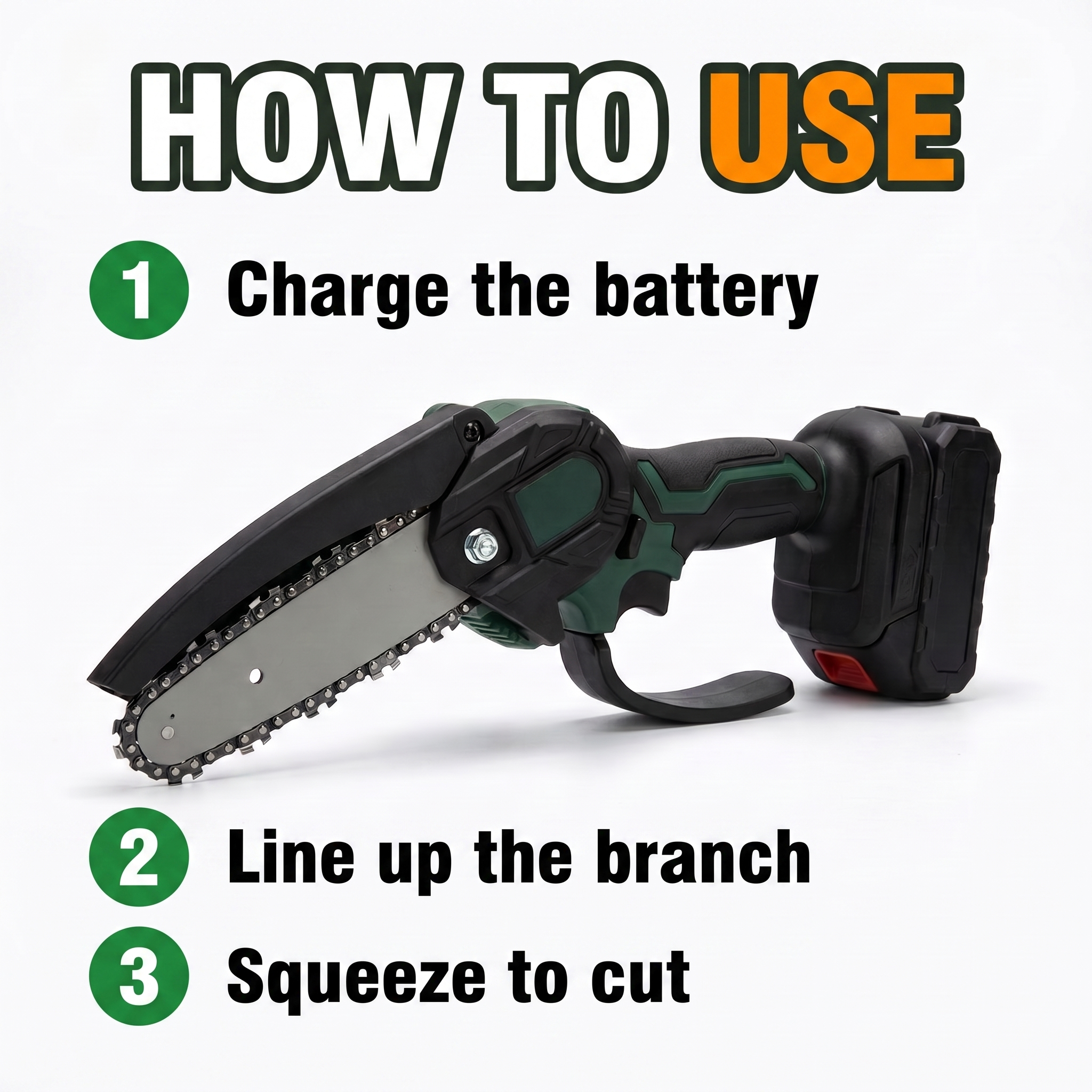 How to use: charge the battery, line up the branch, squeeze to cut