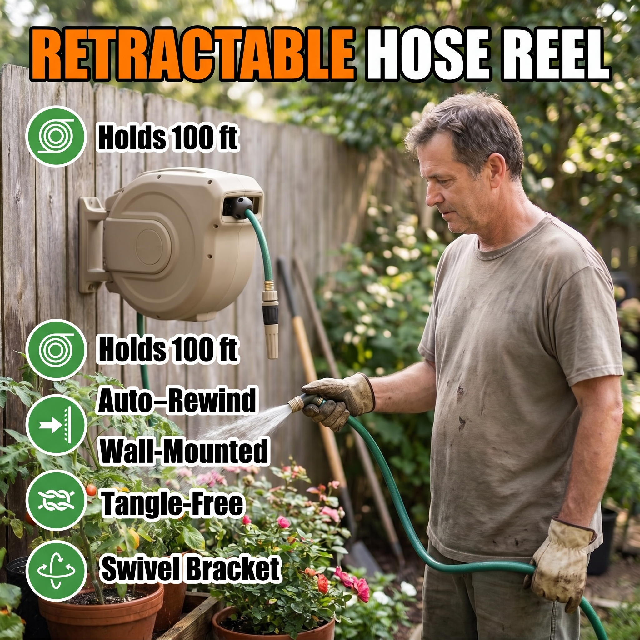 Retractable hose reel: holds 100 ft, auto-rewind, wall-mounted, tangle-free, swivel bracket
