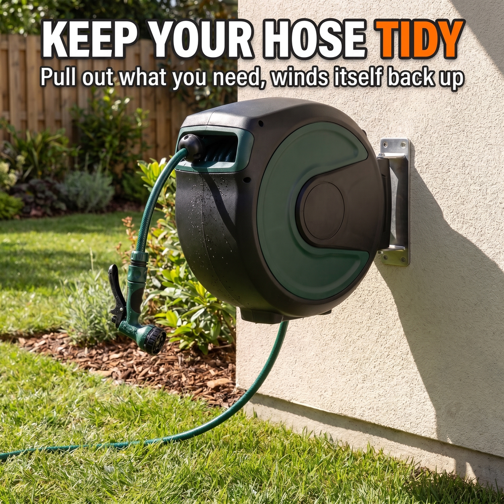 Keep your hose tidy - pull out what you need, winds itself back up