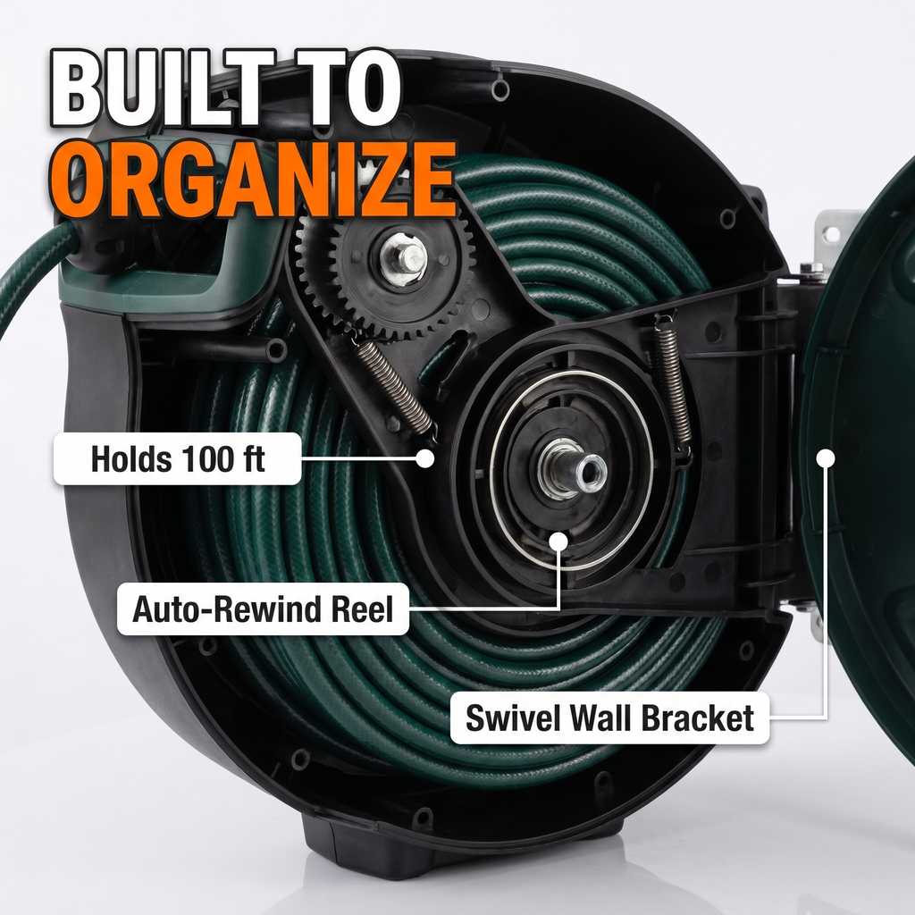Built to organize: holds 100 ft, auto-rewind reel, swivel wall bracket