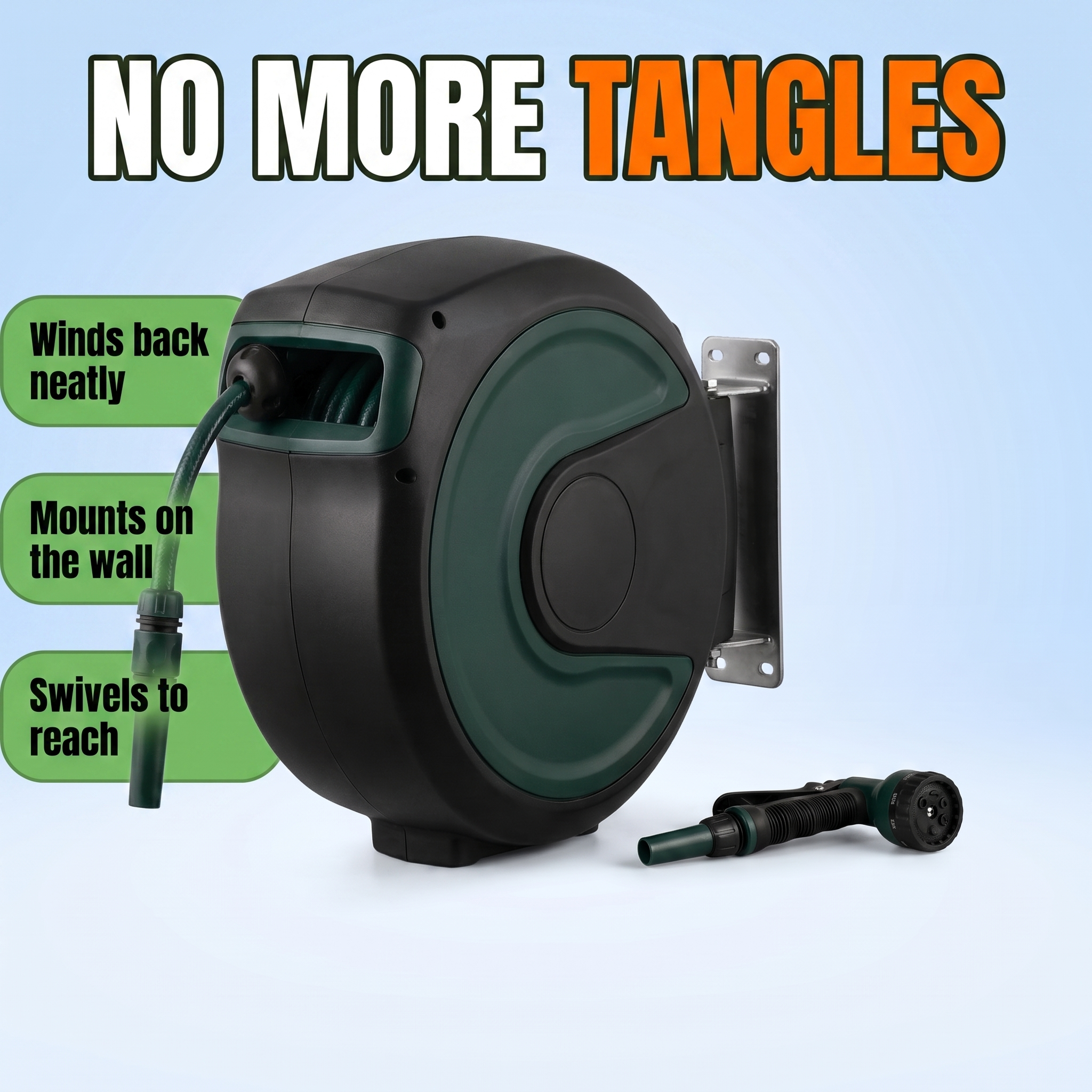 No more tangles: winds back neatly, mounts on the wall, swivels to reach