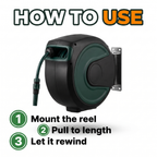 How to use: mount the reel, pull to length, let it rewind