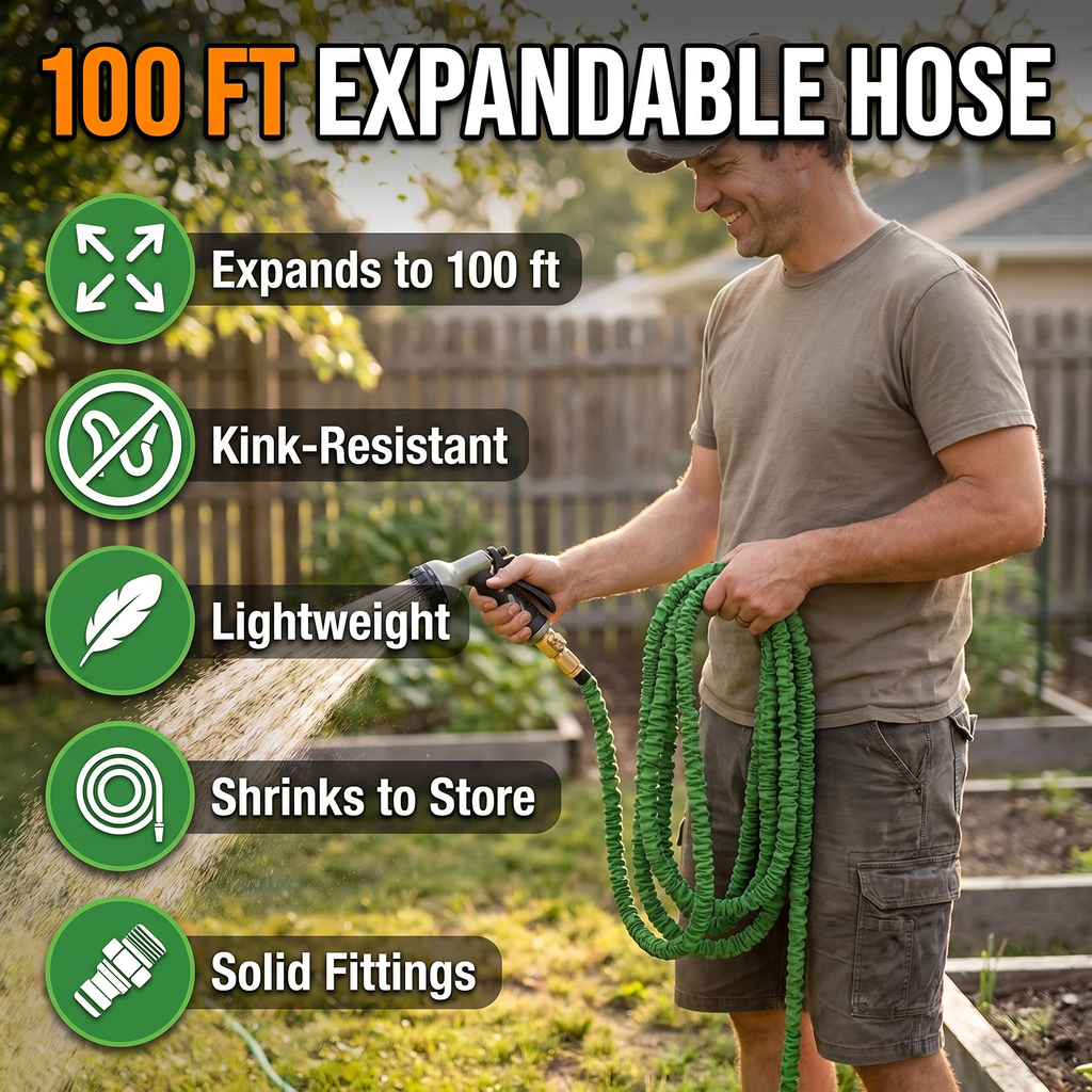 100 ft expandable hose: expands to 100 ft, kink-resistant, lightweight, shrinks to store